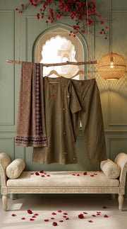 Madhavi Military Green Mirror Work Ajrakh Print Kurta Set